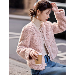 时尚仿皮草外套2024年冬季新款女圆领淑女百搭小香风短款上衣