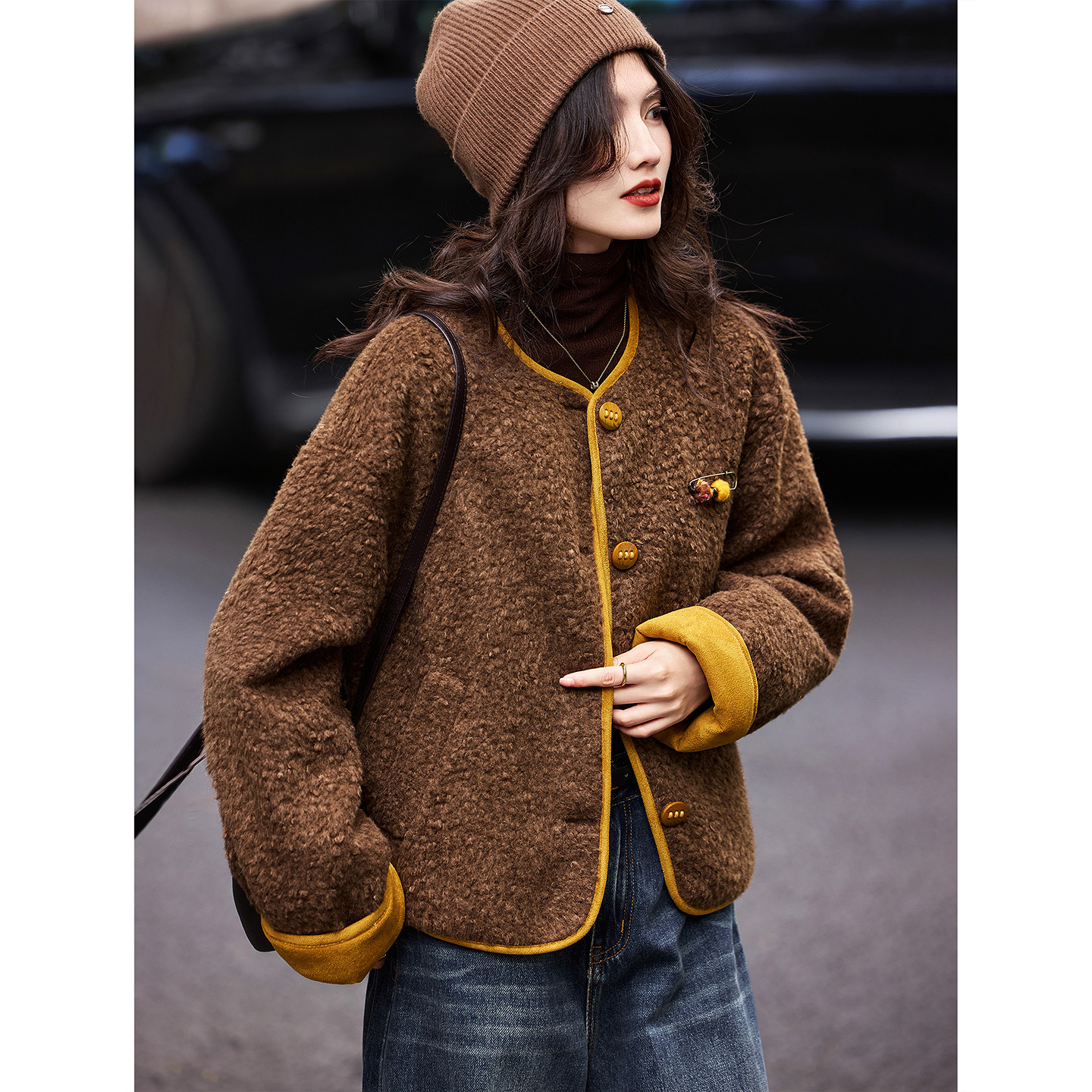 复古撞色呢子羽绒服外套2025年冬季新款短款上衣女装SXYRF25108