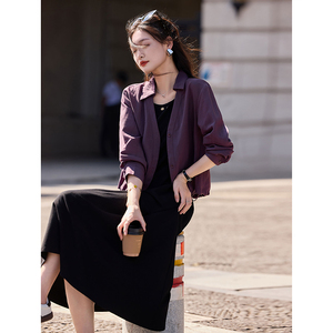 2025年秋季新款女纯色简约个性莱赛尔翻领衬衫背心连衣裙两件套装