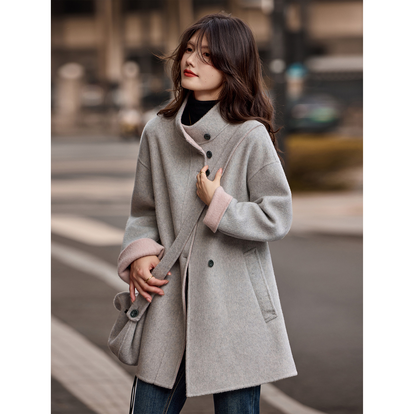 苏醒的乐园撞色绵羊毛双面呢大衣2025年冬季新款中长款外套女装,女装/女士精品,毛呢外套,淘宝优惠券,粉丝福利购,淘宝优惠卷