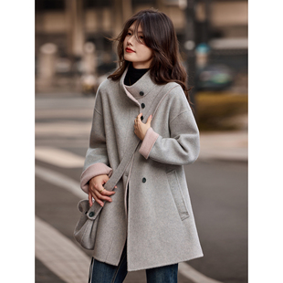 苏醒的乐园撞色绵羊毛双面呢大衣2025年冬季新款中长款外套女装