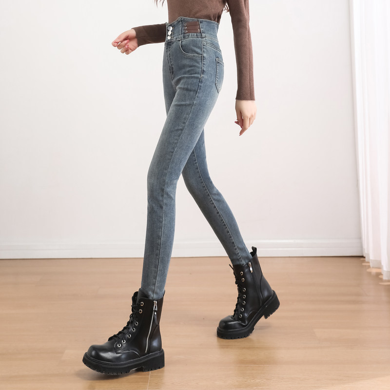 时尚牛仔裤2023年冬季新款女高腰显瘦百搭温柔紧身加绒厚款小脚裤