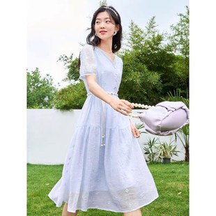 淑女温柔甜美V领显瘦中长款 时尚 新款 气质短袖 裙 连衣裙夏季