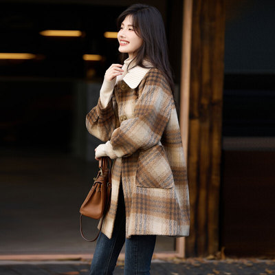 时尚大气格纹加厚毛呢大衣外套女士冬季新款百搭设计感上衣