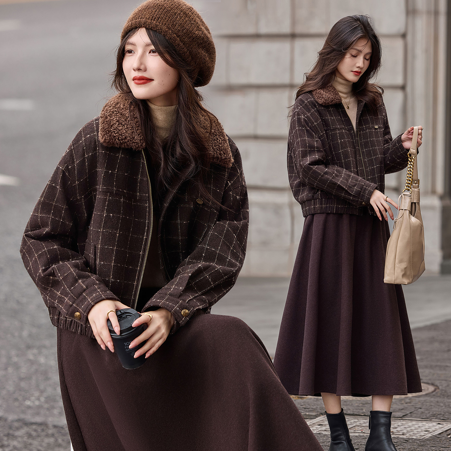 苏醒的乐园加厚格纹翻领夹棉外套