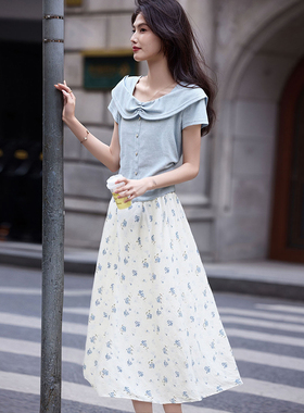 2025年夏季新款一字肩修身针织衫碎花半身裙套装女装SXTZZ25075