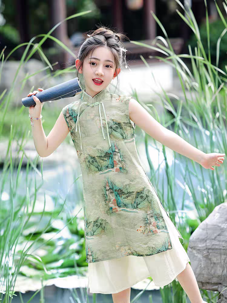 水墨山水女童旗袍夏季2024新款国风复古裙子儿童连衣裙夏装