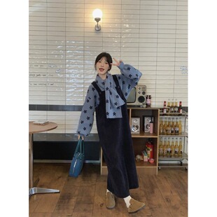 宅女家甜美风兰花圆领长袖 套头毛衣女秋冬叠穿背带连衣裙两件套