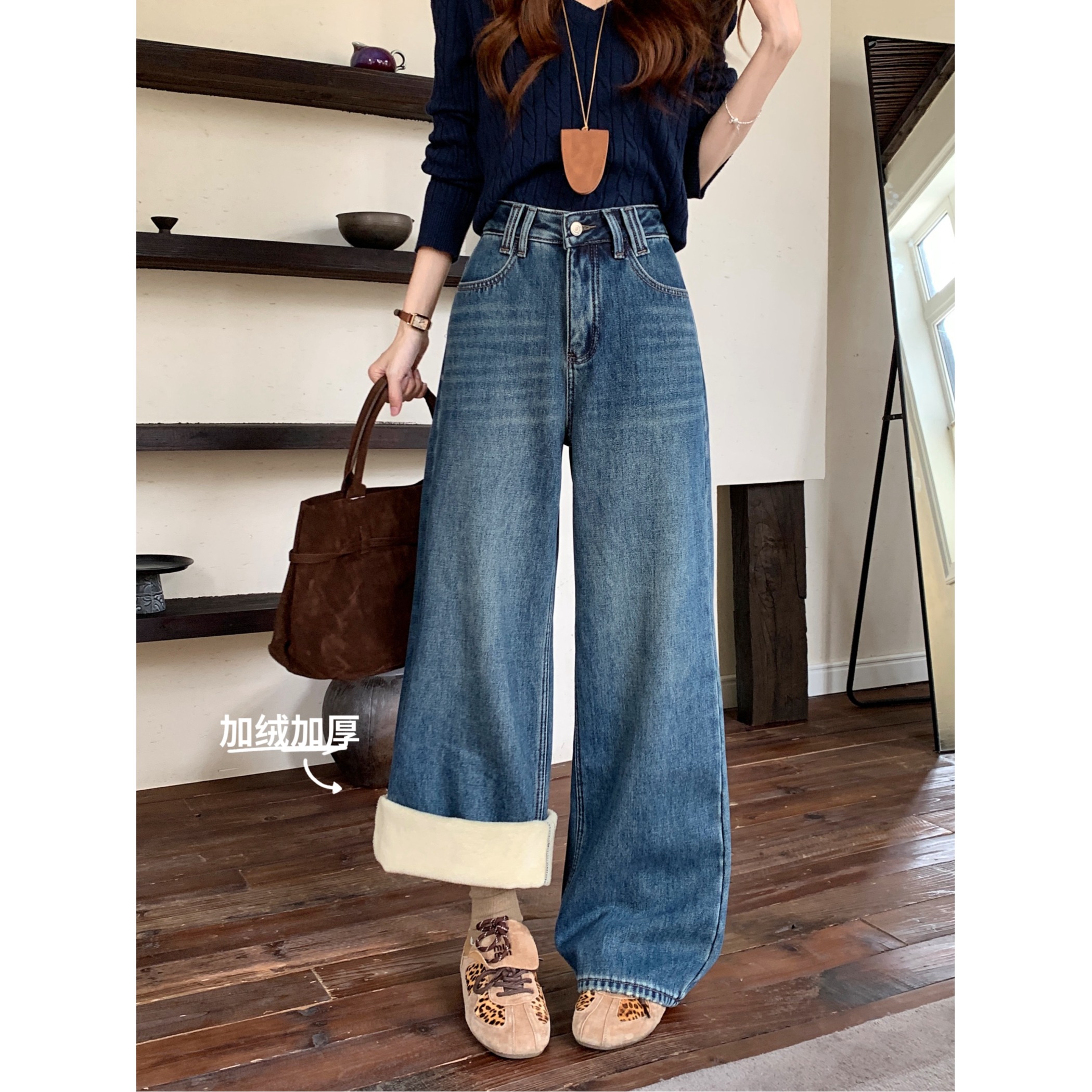 复古蓝色阔腿牛仔裤女冬季加绒加厚高腰拖地裤子保暖显瘦直筒长裤