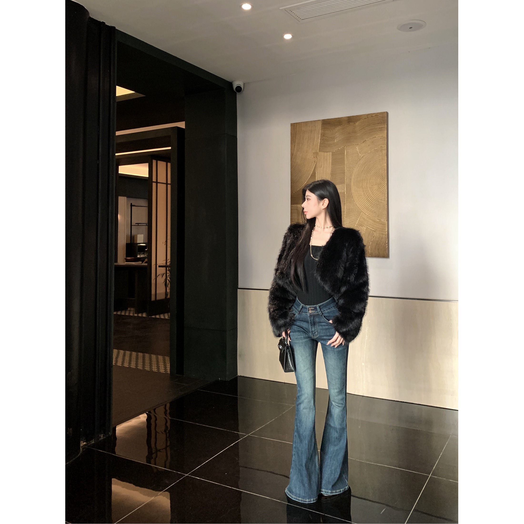 宅女家纯欲风黑色皮草外套内搭长袖毛衣女秋冬修身牛仔裤三件套