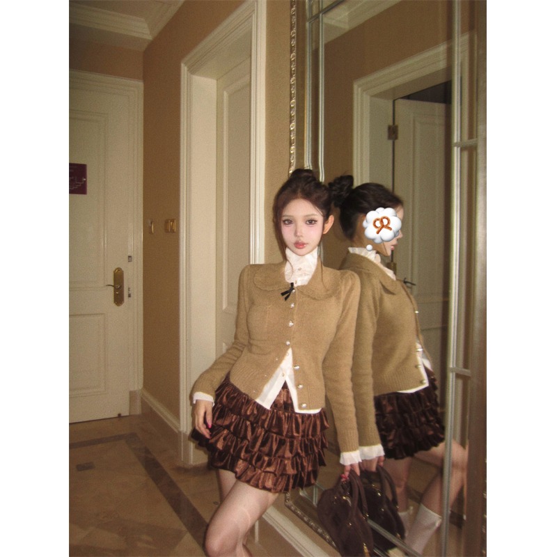 蝴蝶结娃娃领长袖针织开衫女秋季甜美修身毛衣外套小个子百搭上衣