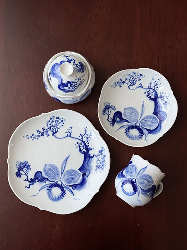 德国梅森meissen水墨兰花系列大剪裁手绘咖啡杯餐盘糖罐