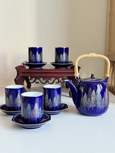 日本直采昭和时期香兰社霁蓝釉染锦松纹茶具茶壶茶杯碟日式茶具