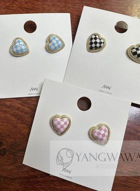 韩国东大门格纹爱心耳钉彩色气质耳环  55809