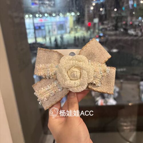 690301韩国东大门Baket新款高级感甜美蝴蝶结亚麻花朵弹簧夹