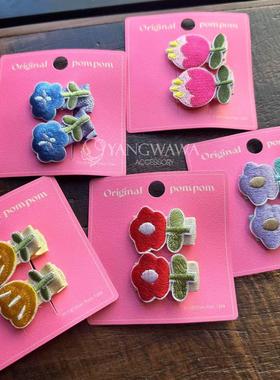 522005韩国东大门pom儿童花朵刺绣两件套鸭嘴夹发夹