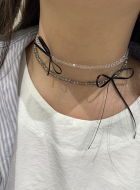 451621韩国东大门edito蝴蝶结双层串珠项链颈链