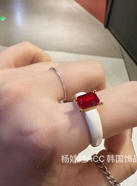 312021韩国东大门进口新款方水晶彩色钻多巴胺高级感圆环戒指均码