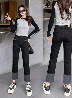 蓝舟拼色牛仔裤女2023春简约韩版百搭显瘦高腰小直筒烟管裤68048