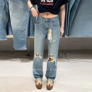 代嘉儿C9056直筒牛仔裤女2026夏薄款破洞高腰显瘦窄阔无弹超模裤
