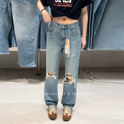 代嘉儿C9056直筒牛仔裤女2026夏薄款破洞高腰显瘦窄阔无弹超模裤