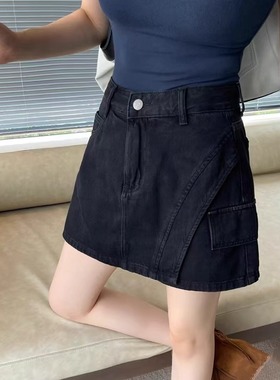 爆犀牛复古假两件牛仔裙裤女潮夏季薄款高腰显瘦A字阔腿短裤25199