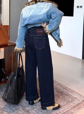 爆犀牛普洗蓝宽松加厚绒直筒牛仔裤女四面弹法棍九分奶奶裤25821