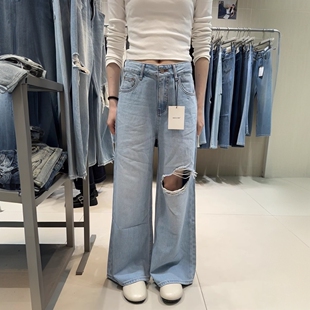 代嘉儿森调85100阔腿牛仔裤女夏直筒裤冰肤柔蓝色高腰破洞拖地裤