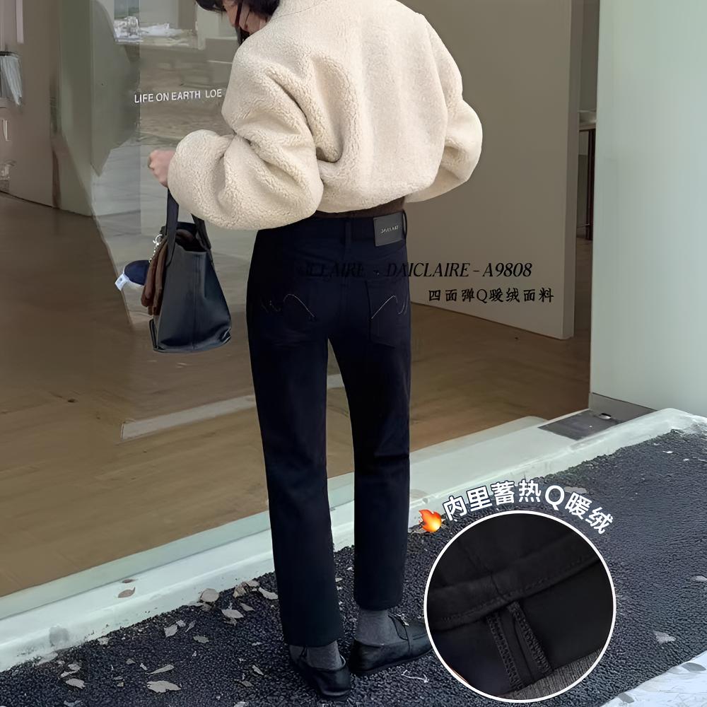 代嘉儿A9808加绒直筒牛仔裤女2025冬百搭黑色弹力高腰九分烟管裤
