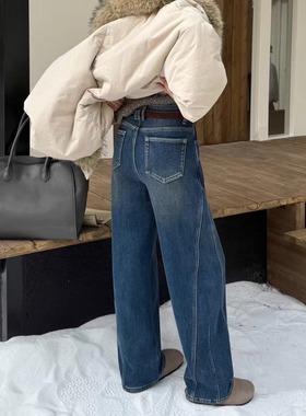 爆犀牛加绒加厚直筒弯刀牛仔裤女冬韩版百搭显瘦窄版阔腿裤25820