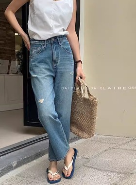 代嘉儿破洞牛仔裤女2024夏季高腰宽松显瘦九分直筒裤法棍裤95513