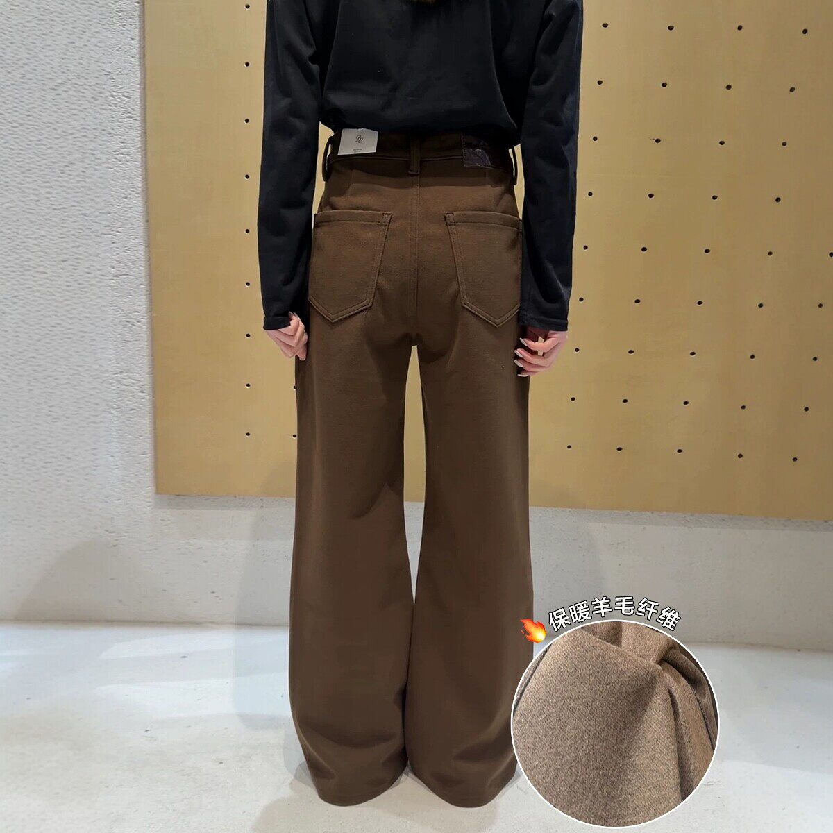 代嘉儿C9932-1加绒微喇牛仔裤女冬羊毛喇叭裤咖色高腰弹力拖地裤
