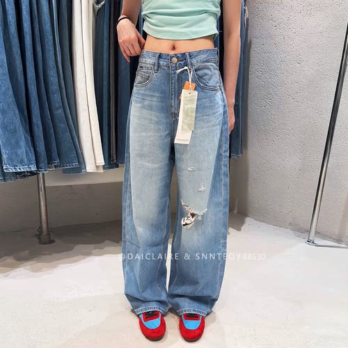 代嘉儿森调88630阔腿牛仔裤女2026夏薄款蓝色破洞拖地无弹弯刀裤