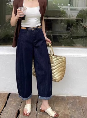 爆犀牛夏薄款宽松小个子弯刀裤女牛仔裤显瘦直筒九分阔腿裤25170