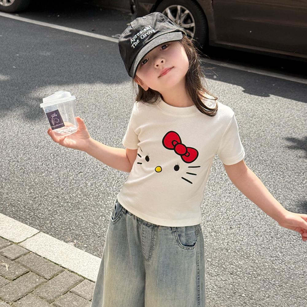 儿童轻薄短袖2025夏季新款女童宝宝正肩上衣时髦短款修身猫咪T恤