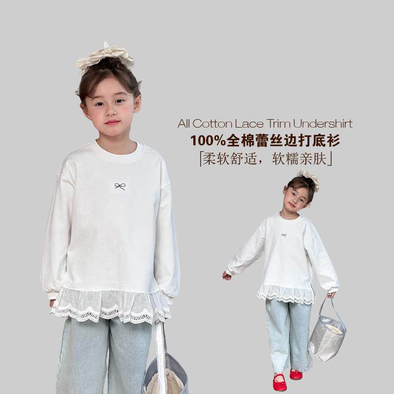 女童白色甜美上衣下摆蕾丝花边打底衫儿童洋气蝴蝶结印花长袖T恤