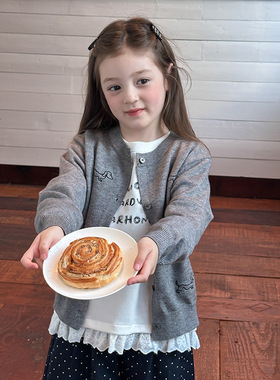 男女童针织开衫春秋款亲子刺绣毛线上衣宽松儿童百搭灰色毛衣外套