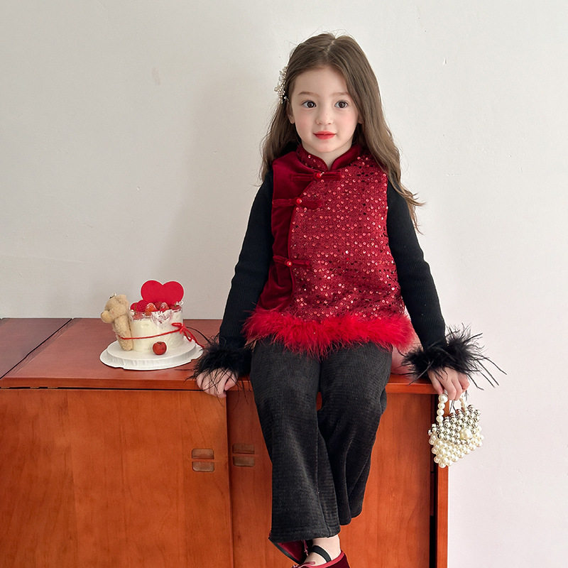 【夹棉】可拆仿鸵鸟毛边女童亮片拼接丝绒新中式盘扣旗袍加厚马甲,童装/婴儿装/亲子装,唐装,淘宝优惠券,粉丝福利购,淘宝优惠卷