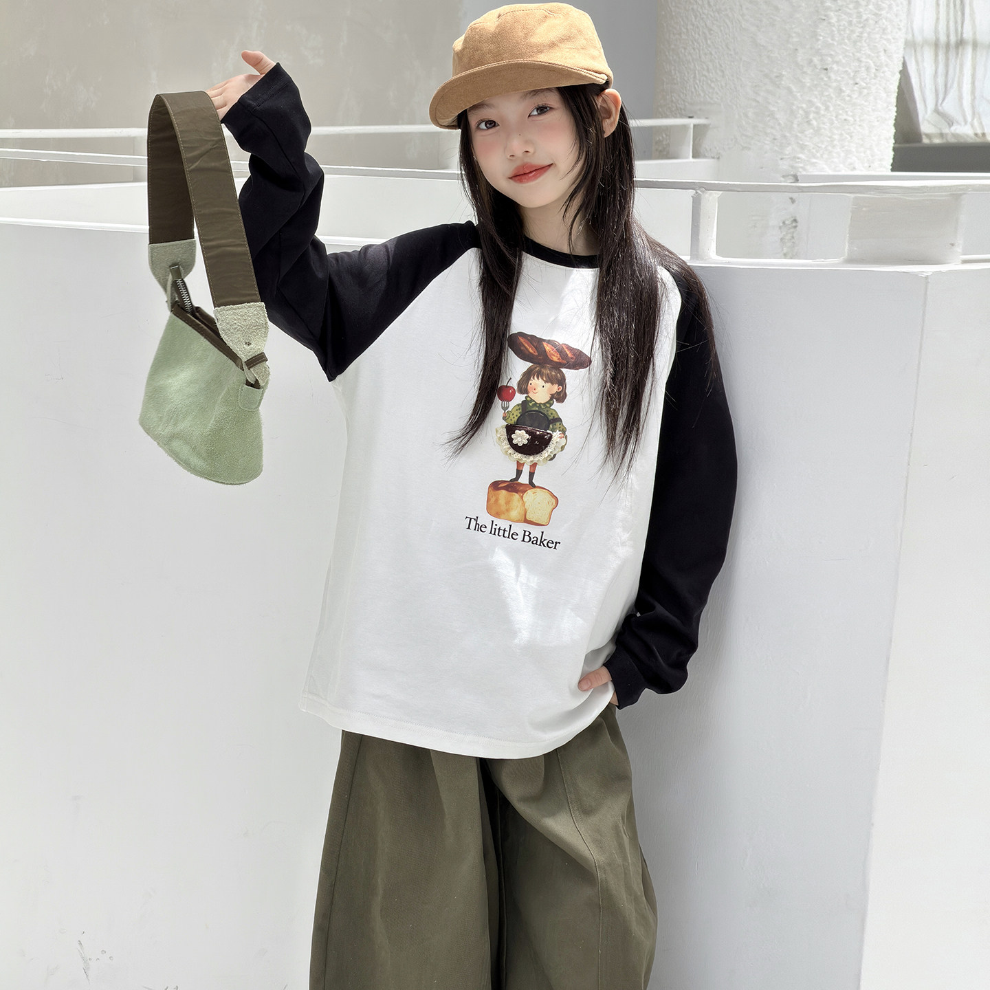秋季男女童撞色插肩长袖卡通T恤