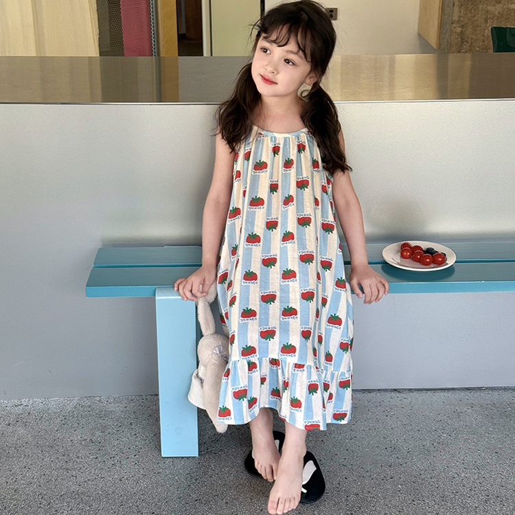 女童全棉夏季家居服中大童棉质睡衣套装儿童可爱小番茄吊带睡衣裙