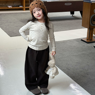 T恤韩版 儿童波点打底衫 春秋中大童软糯圆领上衣内搭女童坑条长袖