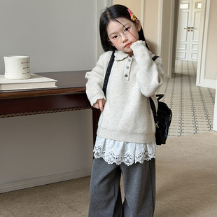 儿童糯针织衫甜美上衣休闲洋气宝宝学院风毛线衣女童花边翻领毛衣