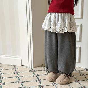 女童冬季蕾丝花边裤子加绒长裤中大童亲子款直筒裤儿童屁帘休闲裤
