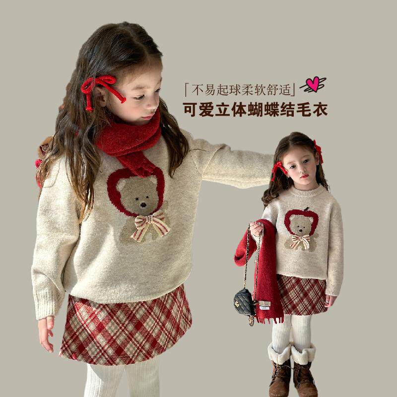 圣诞新年毛衣儿童可爱立体蝴蝶结针织衫女童宝宝韩版洋气小熊上衣