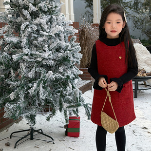 女童红色毛呢背心裙中大童公主裙生日礼服新年款儿童拜年服连衣裙