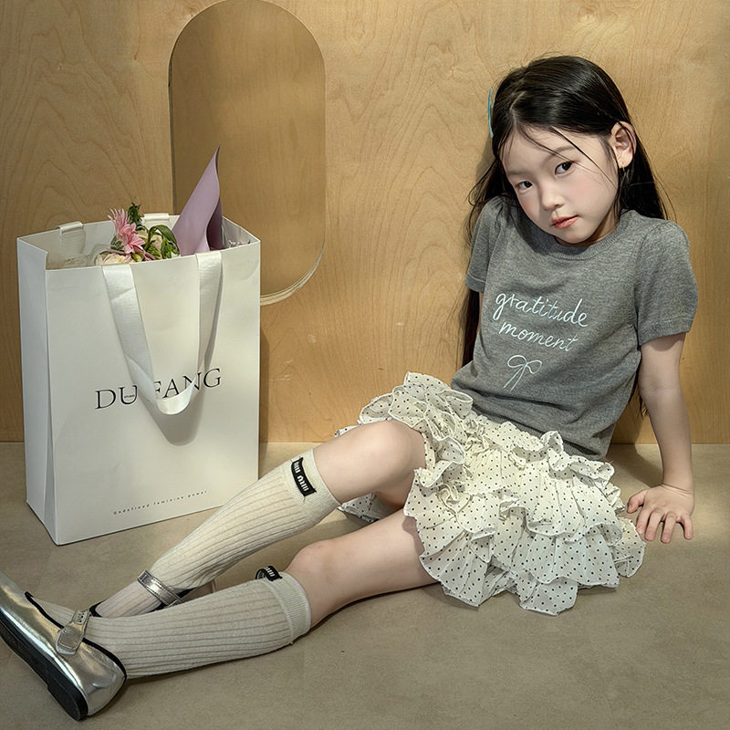 儿童夏季薄款针织T恤女孩韩版甜美透气上衣女童短袖蝴蝶结套头衫