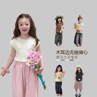 上衣气质淑女纯色T恤女童宝宝甜美可爱木耳边背心 儿童木耳边无袖