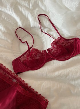 法式性感豹纹网纱蕾丝薄款内衣本命年红色大胸显小聚拢文胸套装