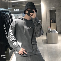 En7 tide brand hooded sweater loose large version printing stitching washing sweater Japanese tooling and denim sleeve top