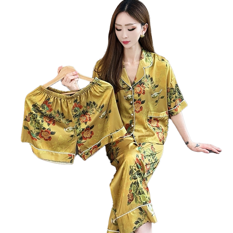 睡衣夏季女士冰丝2025年新款短袖三件套新中式高档家居服套装